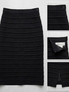 Vintage Neo Tiered Bandage Black Midi Pencil Wool Skirt Minimalist Office Siren